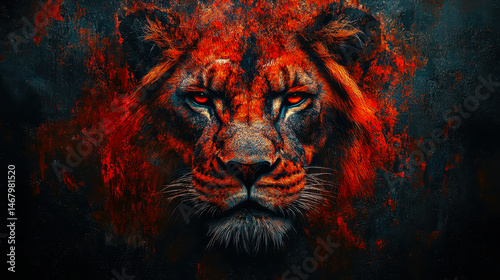 Obraz na płótnie Fierce Lion Face Surrounded by Flames Abstract Digital Art, Intense Stare, Vibrant Red and Orange Colors, Majestic Animal Portrait, Burned Effect, Symbol of Strength and Power, Wildlife Illustration w salonie