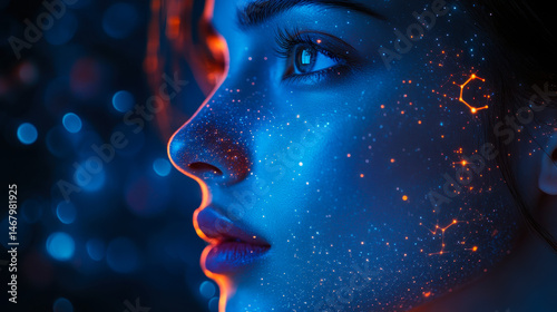 AI-Enhanced Human Profile with Glowing Neon Network Nodes and Interconnected Pathways on Dark Background