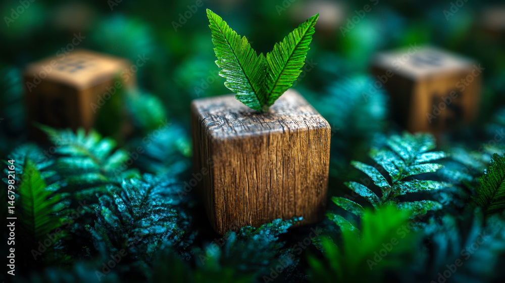 ISO 14001 Environmental Management Certification Concept with Wooden Cubes and Green Fern Leaves Highlighting Quality Standards