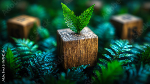 Obraz na płótnie ISO 14001 Environmental Management Certification Concept with Wooden Cubes and Green Fern Leaves Highlighting Quality Standards w salonie