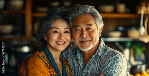 Happy Mature Asian Couple Embracing in Cozy Home Kitchen, Warm Smiles, Domestic Bliss, Loving Relationship, Family Bonding, Senior Asian Love, Capturing Joyful Moments