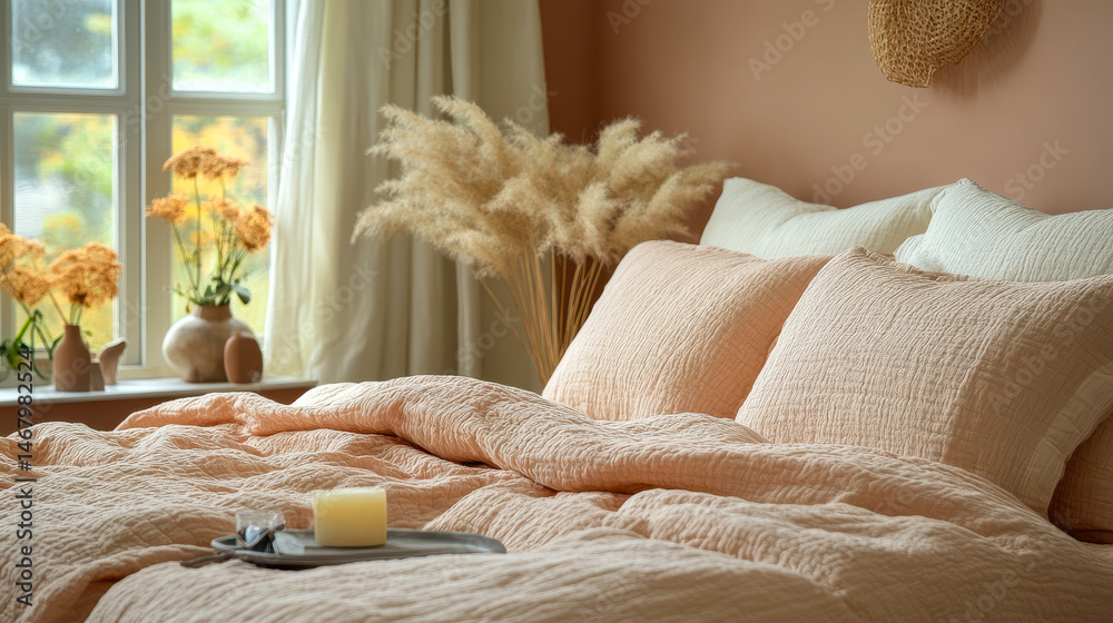 Cozy Peach Tone Bedroom Decor with Modern Bedding and Soft Ambient Lighting for Comfort and Relaxation Inspiration