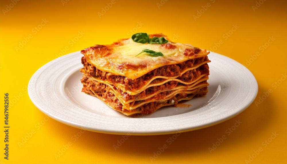 lasagne on a white plate on a yellow background lasagne on a white plate on a yellow background