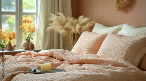 Obraz na płótnie Cozy Peach Tone Bedroom Decor with Modern Bedding and Soft Ambient Lighting for Comfort and Relaxation Inspiration w salonie