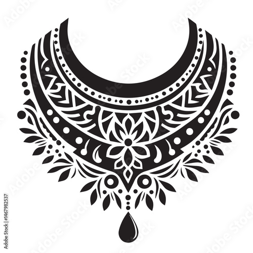 Exquisite black and white ornamental necklace design with floral and intricate details