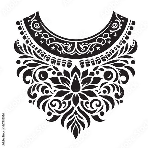 Intricate black floral design featuring ornate elements for textile and decorative purposes