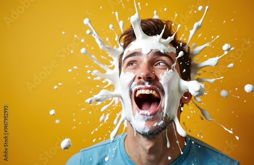 Man gets pie face. Whipped cream splash on guy face against vibrant yellow background. Playful prank moment with funny laughter. Joke, amusement, fun, surprise, comical, festive celebration.
