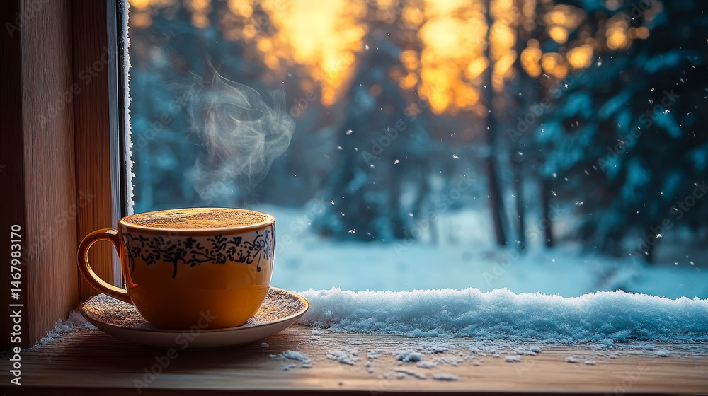 Steaming Coffee Cup on Wooden Windowsill Overlooking Snowy Winter Forest at Sunset, Cozy Evening Concept for Relaxation and Warmth