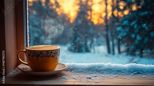 Obraz na płótnie Steaming Coffee Cup on Wooden Windowsill Overlooking Snowy Winter Forest at Sunset, Cozy Evening Concept for Relaxation and Warmth w salonie