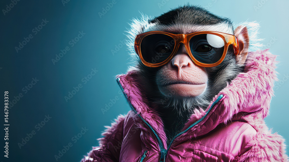 Hyper Realistic Pop Art Monkey Wearing Sunglasses and Pink Autumn Coat, Futuristic Background, Modern Fantasy Concept Art