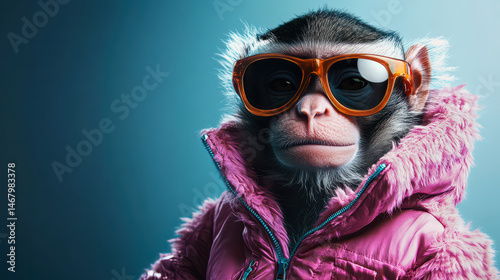 Obraz na płótnie Hyper Realistic Pop Art Monkey Wearing Sunglasses and Pink Autumn Coat, Futuristic Background, Modern Fantasy Concept Art w salonie