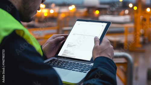 Engineer programming application on laptop at construction site using smartphone over shoulder view coding software development technology modern workplace concept