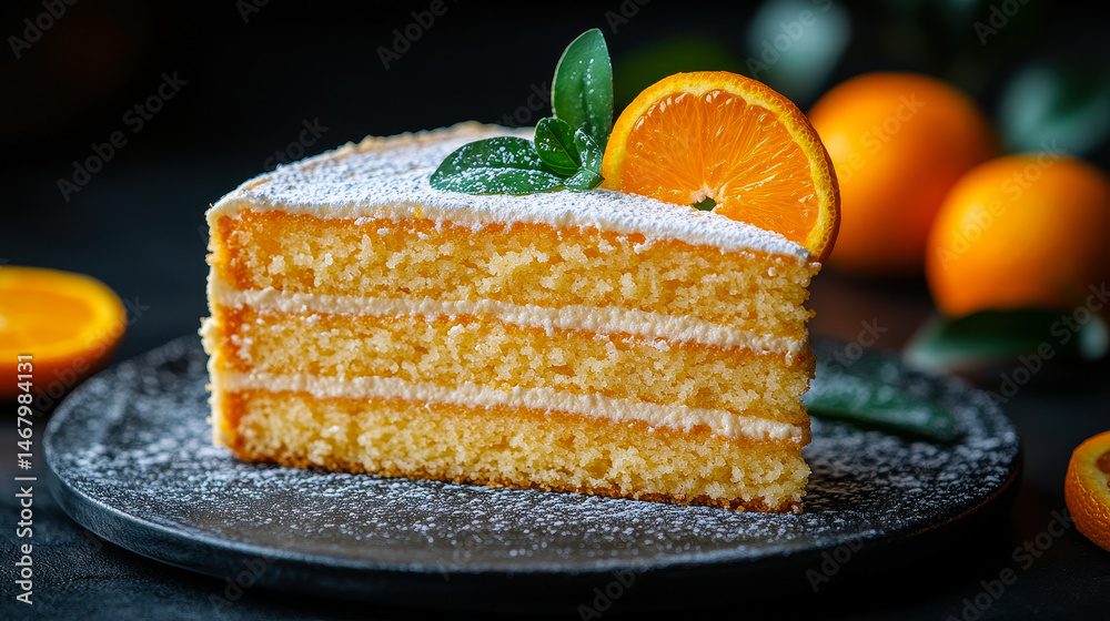 Homemade Orange Cake Slice on Dark Background with Fresh Oranges, Frosting, and Sugar Dusting - Perfect for Bakery Concepts and Food Photography