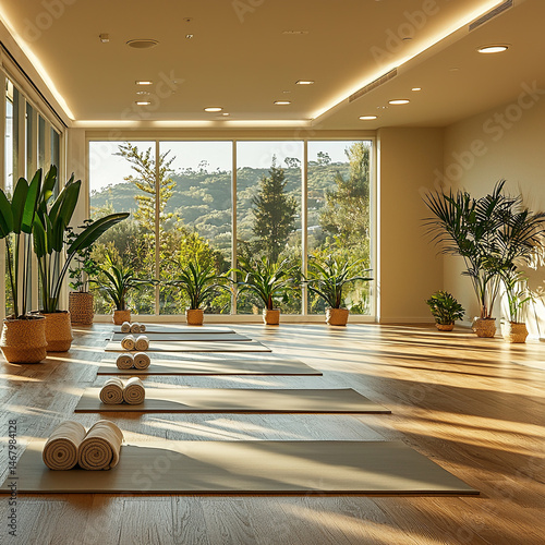 An inviting yoga studio bathed in natural light, ready for a revitalizing practice session and meditation.