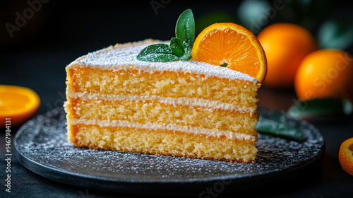 Obraz na płótnie Homemade Orange Cake Slice on Dark Background with Fresh Oranges, Frosting, and Sugar Dusting - Perfect for Bakery Concepts and Food Photography w salonie
