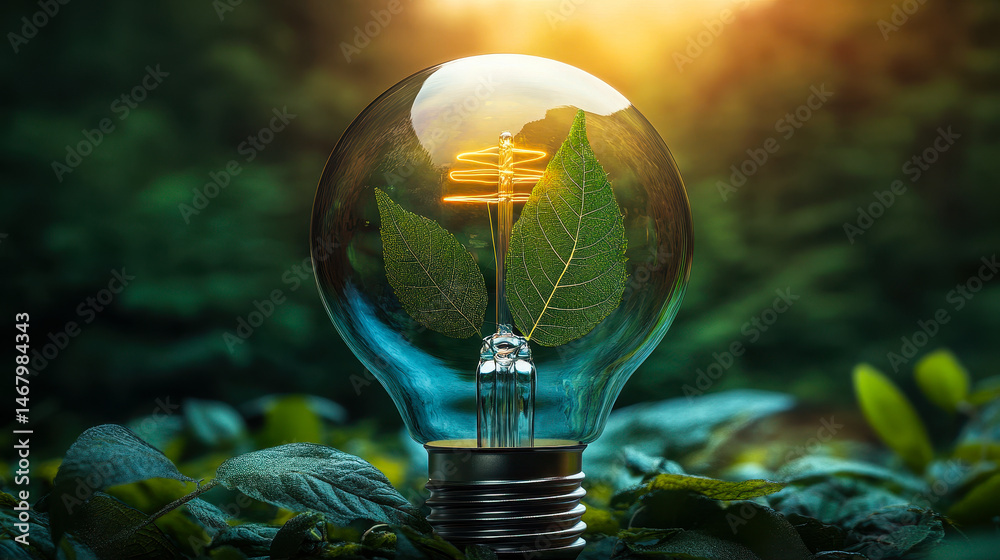 Innovative Green Energy Concept: Light Bulb with Green Leaves Symbolizing Eco-Friendly Technology for Sustainable Environment and Energy Conservation