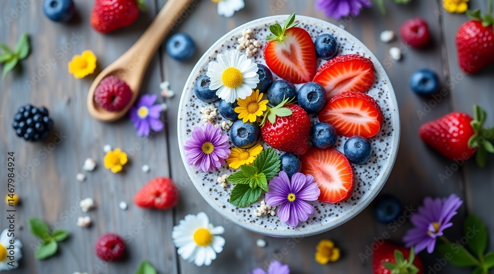 Healthy chia pudding topped with fresh strawberries, blueberries, and edible flowers in a white bowl. Colorful breakfast concept, perfect for food photography, healthy eating, and vegan lifestyle.

