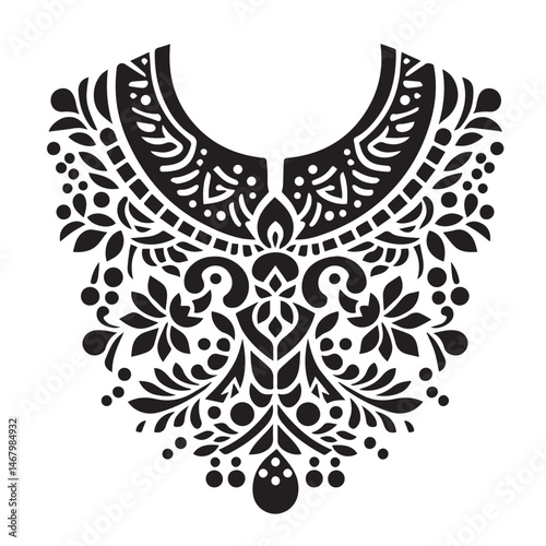Elegant black and white floral neckline design with intricate details for fashion