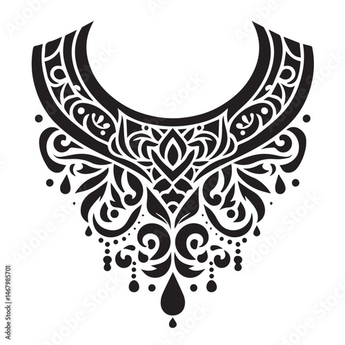 Intricate black and white ornamental neckline design with floral and swirl motifs