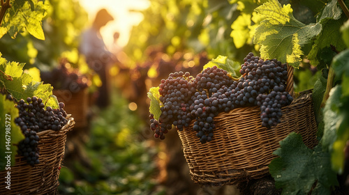 People harvesting grapes in vineyards during golden hour under a clear sky. autumn harvest, vineyard, winery, plantation