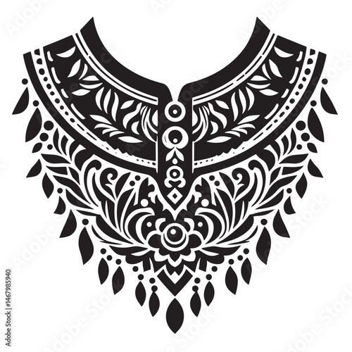 Elegant vector illustration of a decorative floral collar or neckline design in black