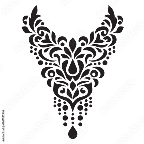 Elegant black and white floral neckline ornament design for fashion apparel and textile designs