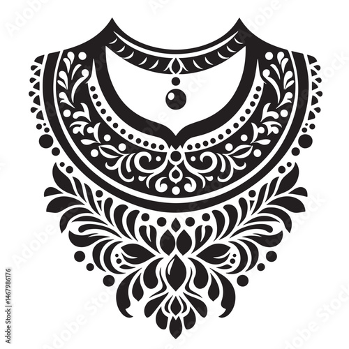 Elegant decorative ornamental neckline design in black and white perfect for various design applications