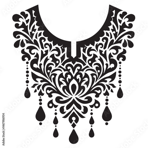 Elegant black and white ornamental neckline design for fashion and textile applications
