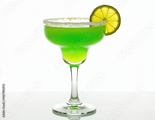 Wallpaper Mural Margarita cocktail glass with green drink garnished with lime. Refreshing summer cocktail beverage with salt rim. Refreshment at bar for happy party celebration. Close up view on transparent white Torontodigital.ca