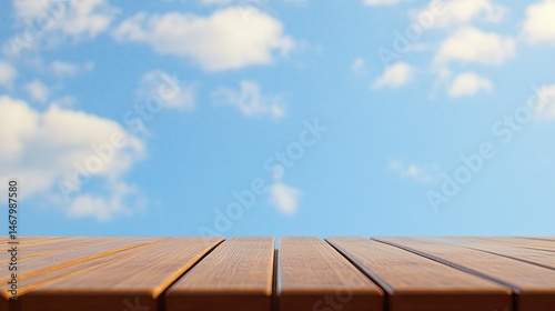 Wooden Tabletop with Blue Sky and Clouds Background.