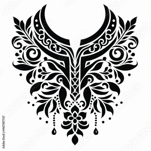 Decorative floral neckline design in black and white with detailed leaf and swirl elements