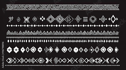 Boho Brush Strokes Tribal Pattern Borders on Black.