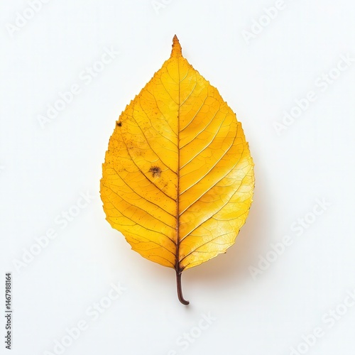 A single vivid yellow leaf on a pristine white background autumnal nature photograph
