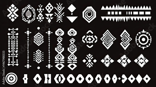 Tribal Ornament Set Black  White Vector Graphics.