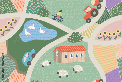 Seamless pattern of colorful countryside map with farm fields animals and vehicles