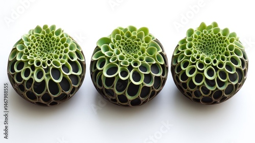 Trio of Green Geometric Spheres  Abstract Art with Minimalist Design.