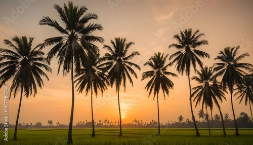 Silhouetted Palm Trees at Sunset Over Rice Paddy