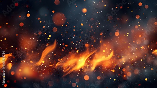 Fiery Bokeh Abstract Orange Flames Dancing in a Dark with Sparkling Sky.