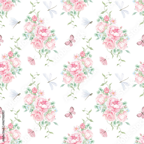 Peony watercolor pattern. Spring, blossom. Pink flowers. Birds. Textiles. Home textiles. Pink peonies. Delicate watercolor print. Wallpaper. Wrapping paper.