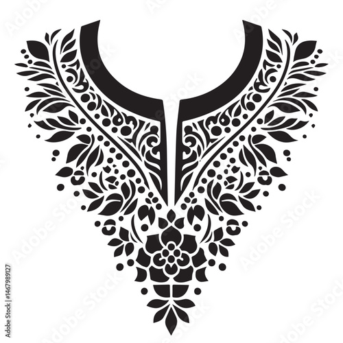 Elegant vector illustration of an intricate black floral neckline design element for fashion