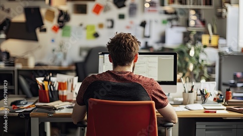 Creative Chaos Man Works at Cluttered Desk with Back View Office Life.