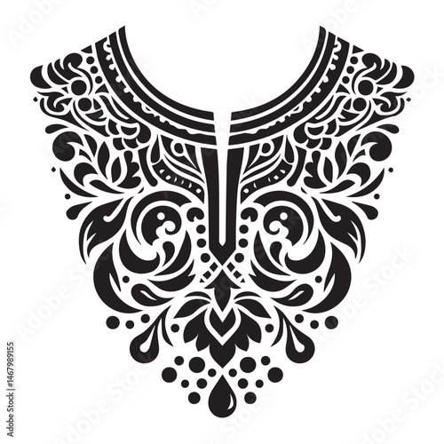 Elegant black and white floral ornamental neckline collar design for fashion and apparel