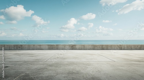 Coastal View Concrete Terrace Overlooking Turquoise Sea  Cloudy Blue Sky.