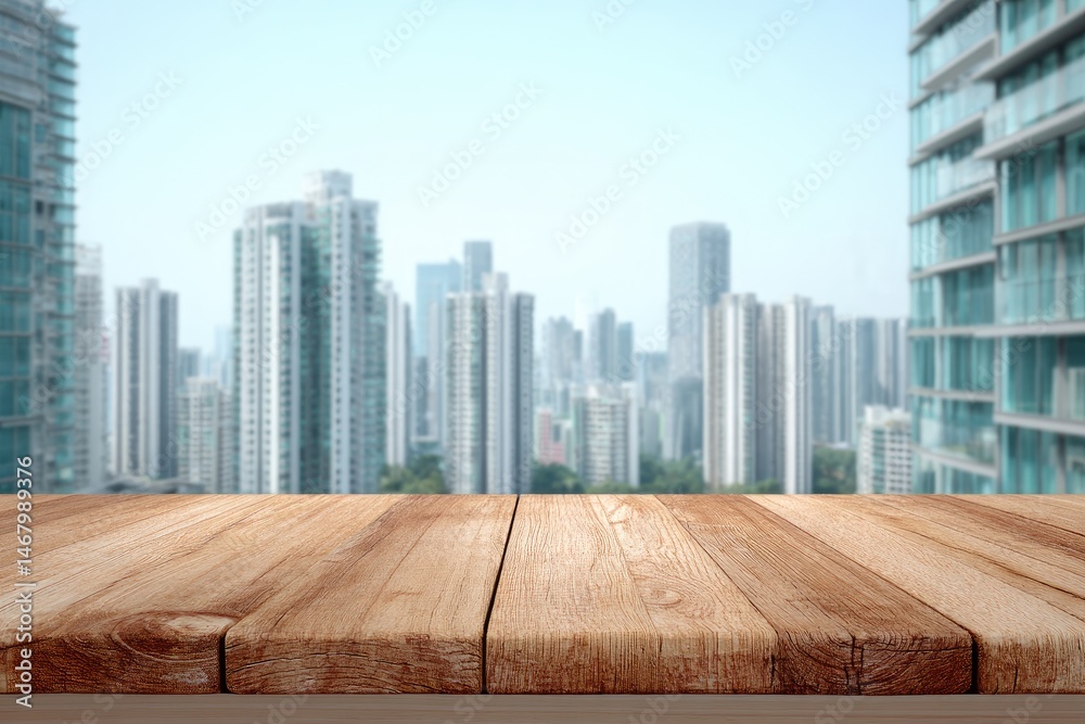 Empty wooden table with cityscape view Empty wooden table with cityscape view