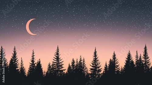 Crescent Moon Shines over Forest Starry Nightscape Illustration.