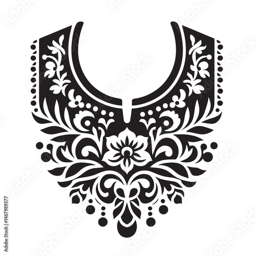 Elegant black and white floral collar design for fashion and textile applications