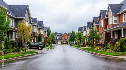 Wet Street Suburban Homes in a Row Cloudy sky.