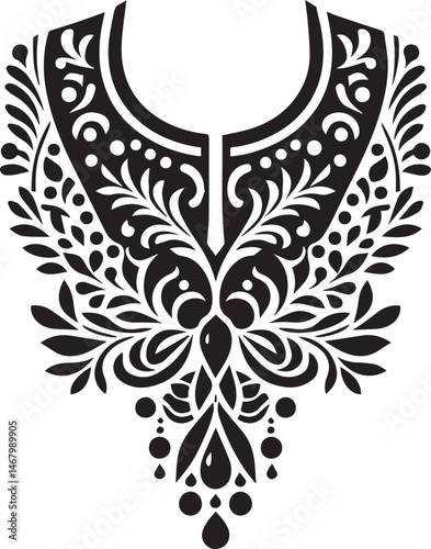 Elegant ornamental neckline design in black and white suitable for embroidery and fashion