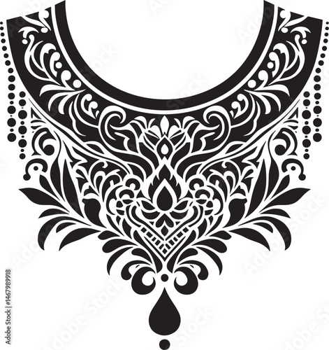 Intricate black and white vector design of an elegant ornamental neckline motif