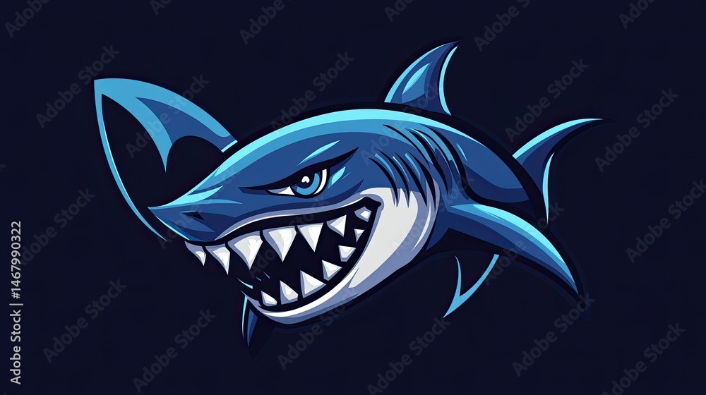 Naklejka premium Menacing Shark Mascot Blue Predator with Sharp Teeth.